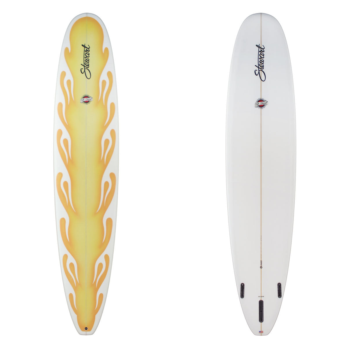stewart hydrohull longboard with orange flame spray on deck 