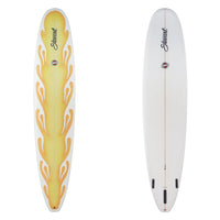 stewart hydrohull longboard with orange flame spray on deck 
