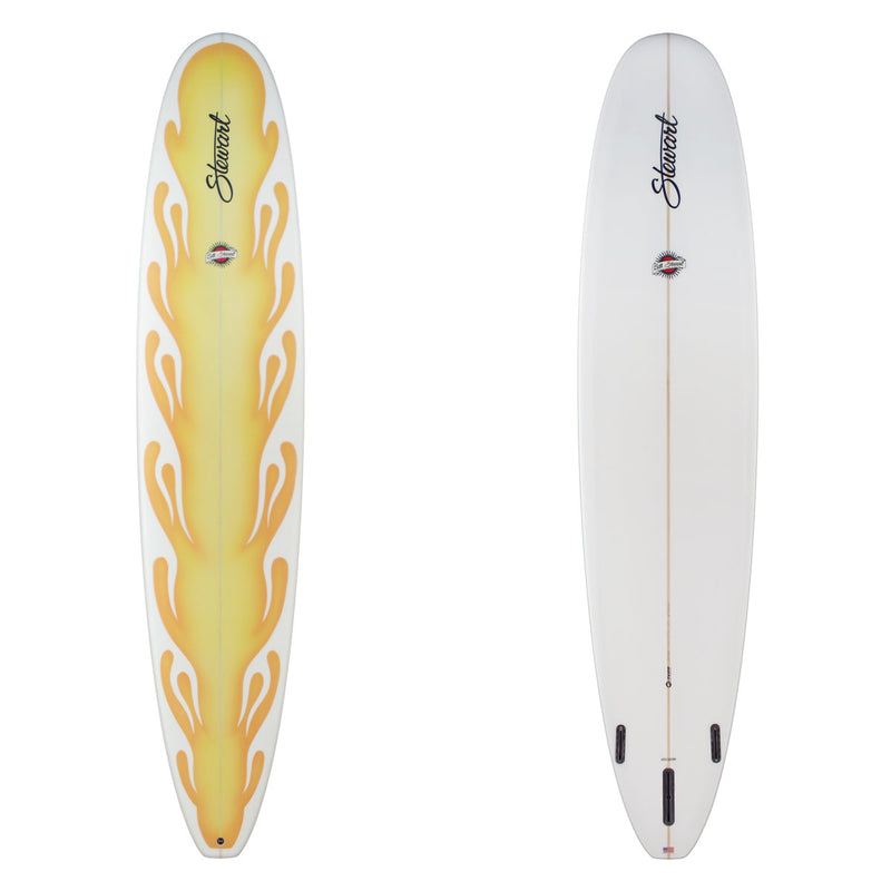 stewart hydrohull longboard with orange flame spray on deck 