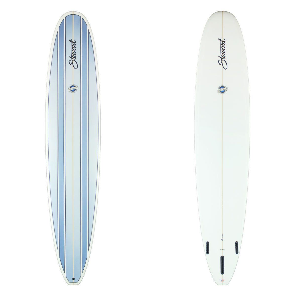 Stewart HydroHul with blue / gray paneled sprays on the deck and a white bottom