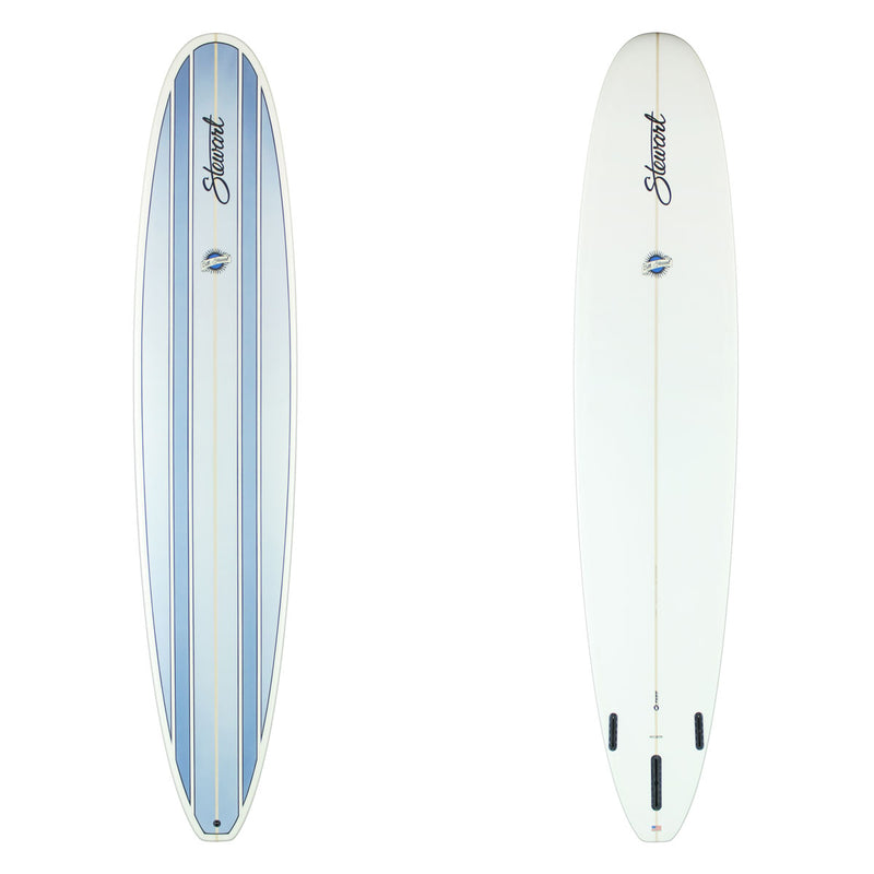 Stewart HydroHul with blue / gray paneled sprays on the deck and a white bottom