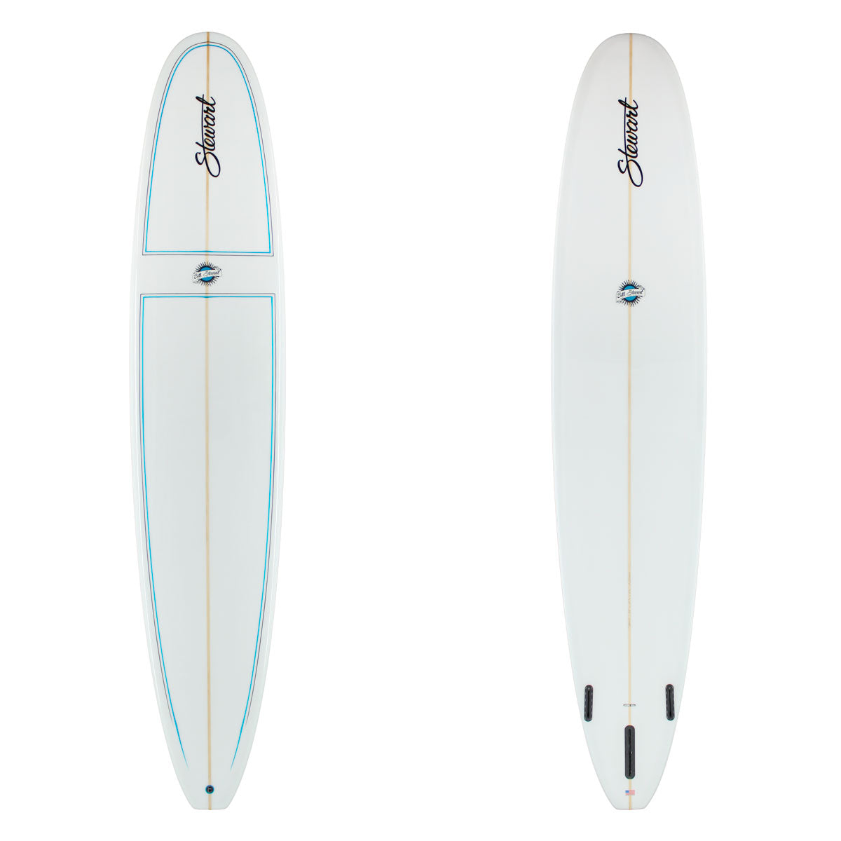 9'6" Hydro Hull (9'6", 23 1/4", 3 1/4") B#128496 Gloss & Polish that has blue and black pin lines on the deck