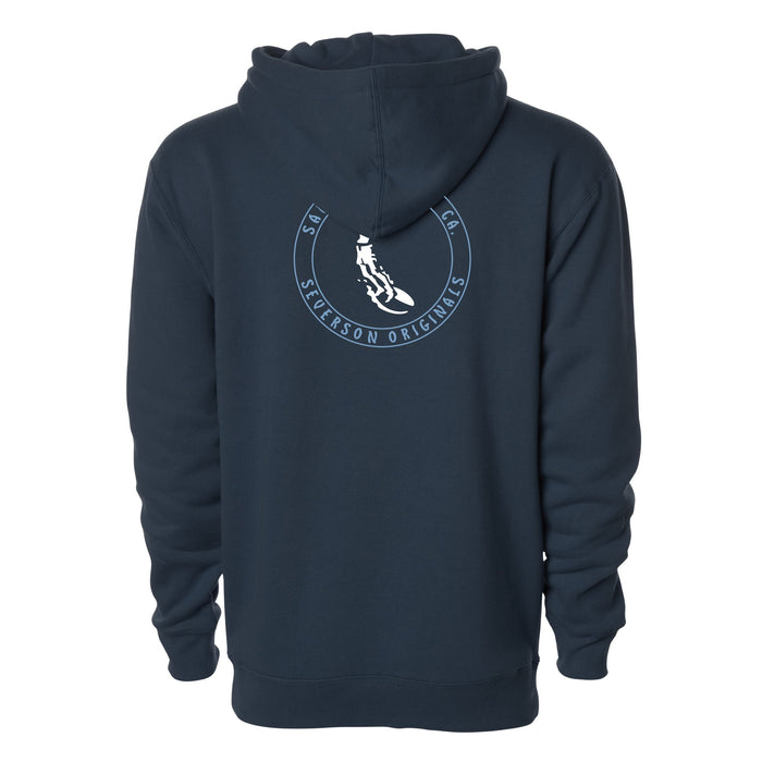 A dark navy blue hoodie shown from the back, featuring a white circular graphic with a skier and the text 'SKI SEGERSON ORIGINALS' printed on the upper back.