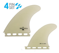 Two beige surfboard fins with branding on a white background, labeled '4 FIN SET'.