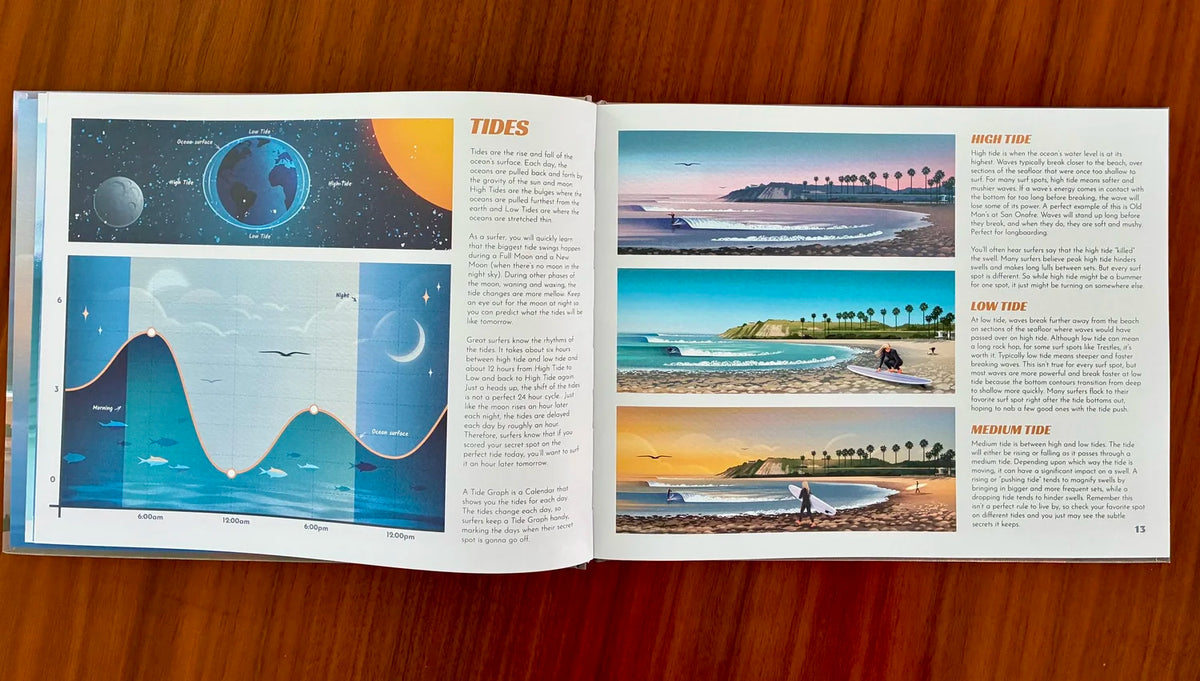 Open book on a wooden surface with illustrations and text about tides.