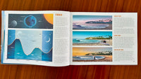 Open book on a wooden surface with illustrations and text about tides.