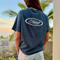 Person wearing a blue t-shirt with 'Stewart' logo, standing outdoors with palm trees and scenic view.