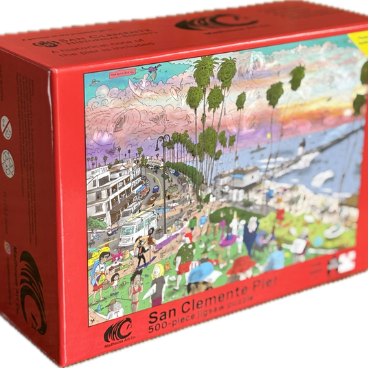 Jigsaw puzzle box featuring a scenic view of San Clemente Pier with a red border.