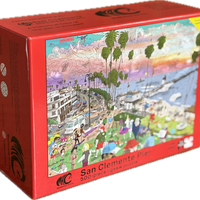 Jigsaw puzzle box featuring a scenic view of San Clemente Pier with a red border.