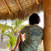 Person sitting on a window ledge with palm trees outside