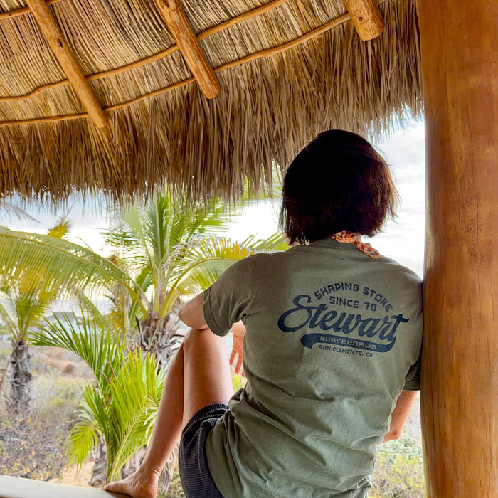 Person sitting on a window ledge with palm trees outside