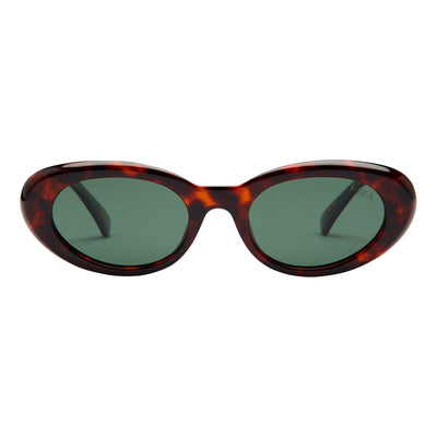 Sunglasses with tortoiseshell frame and green lenses on a white background