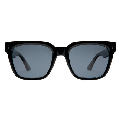 Black sunglasses with dark lenses on a white background