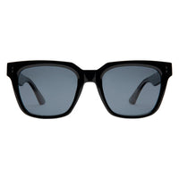 Black sunglasses with dark lenses on a white background