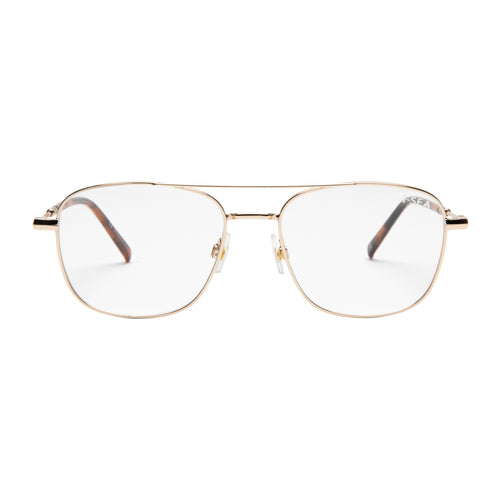 Gold-framed eyeglasses on a white background