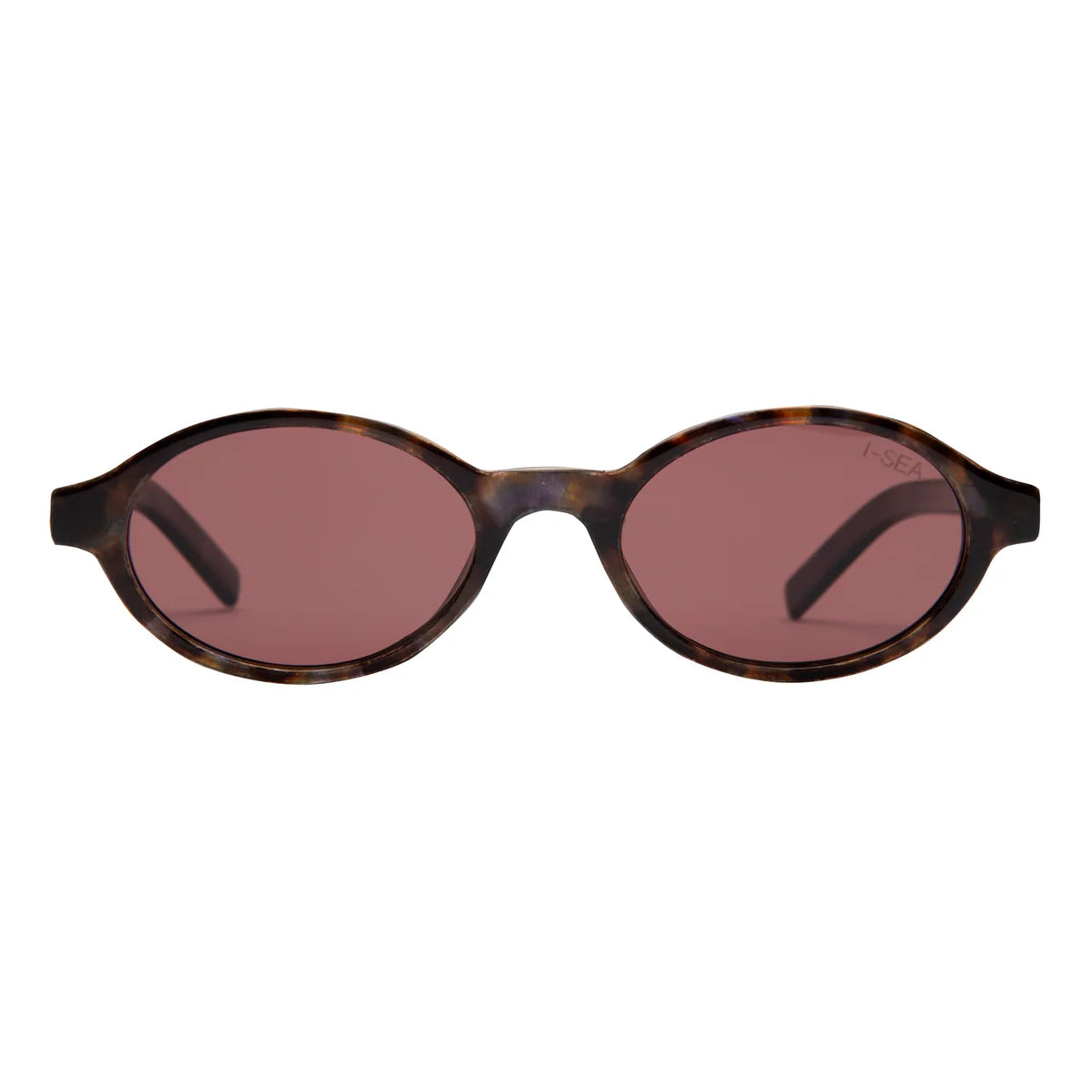 Sunglasses with tortoiseshell frame and pink lenses on a white background