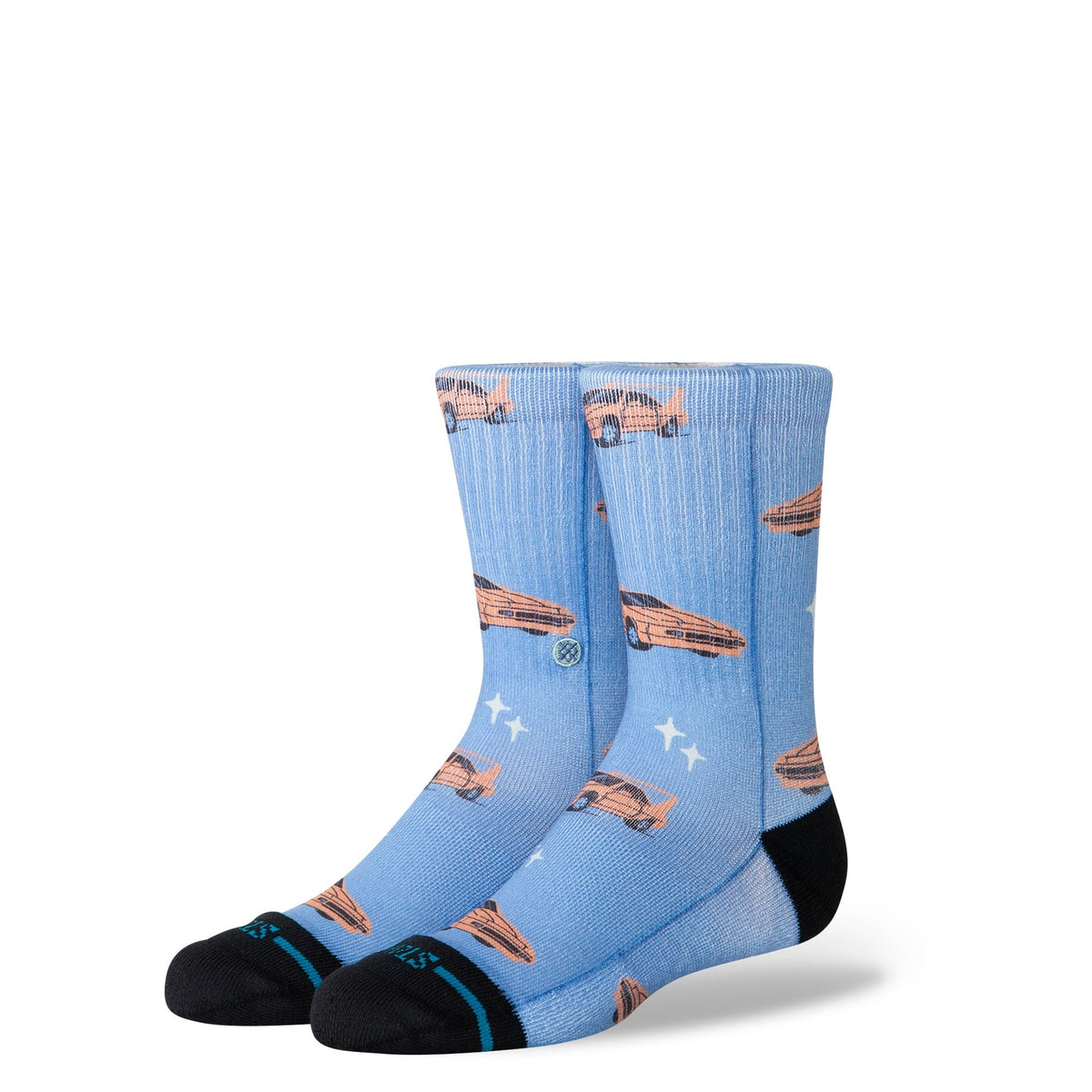 Blue socks with car pattern on a white background