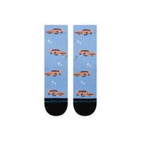 Pair of socks with car design on a blue background