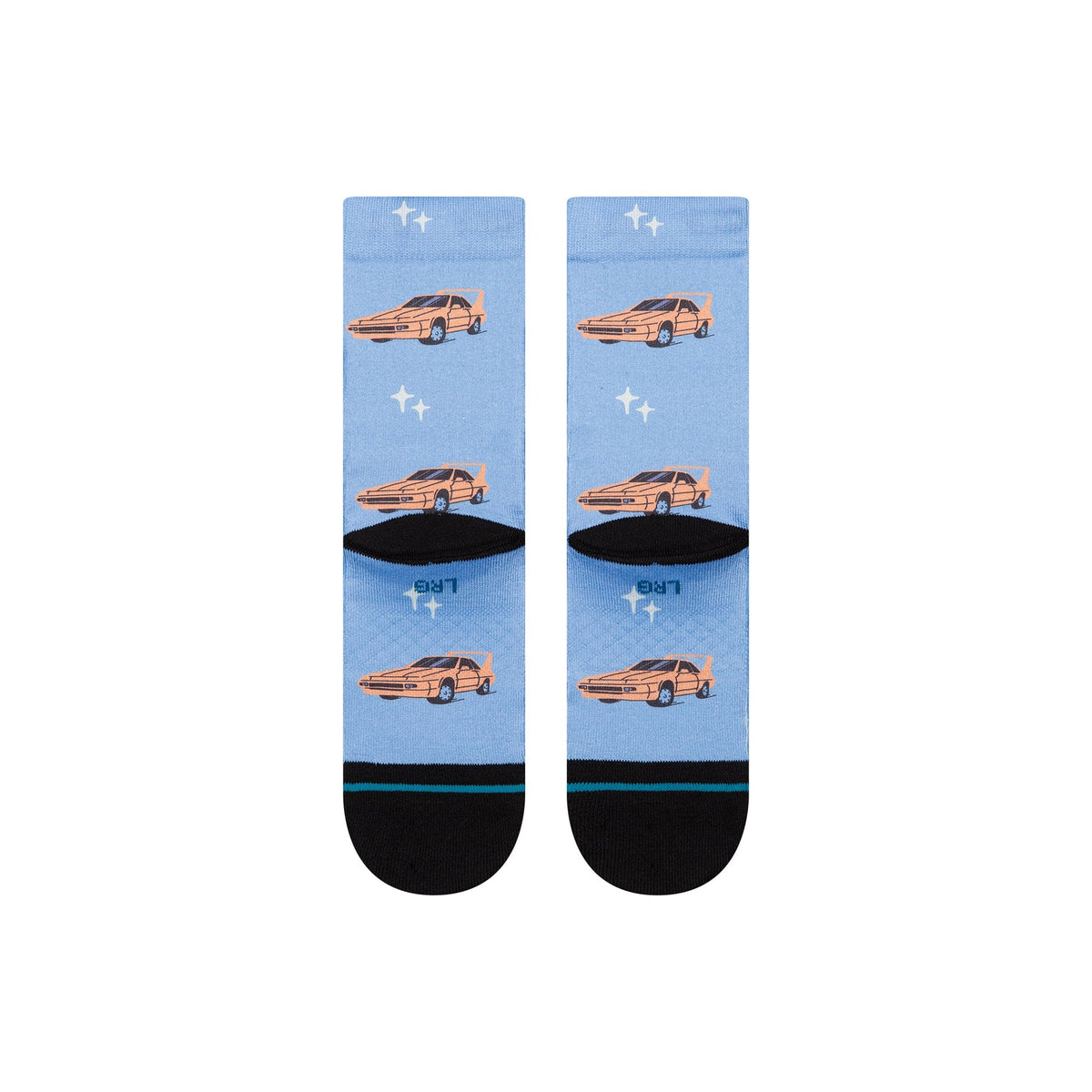 Pair of socks with car design on a light blue background