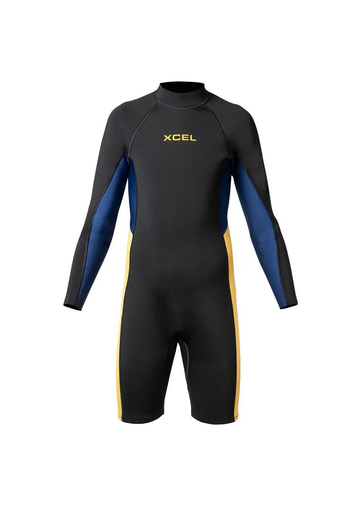 Black and blue wetsuit with yellow accents on a white background
