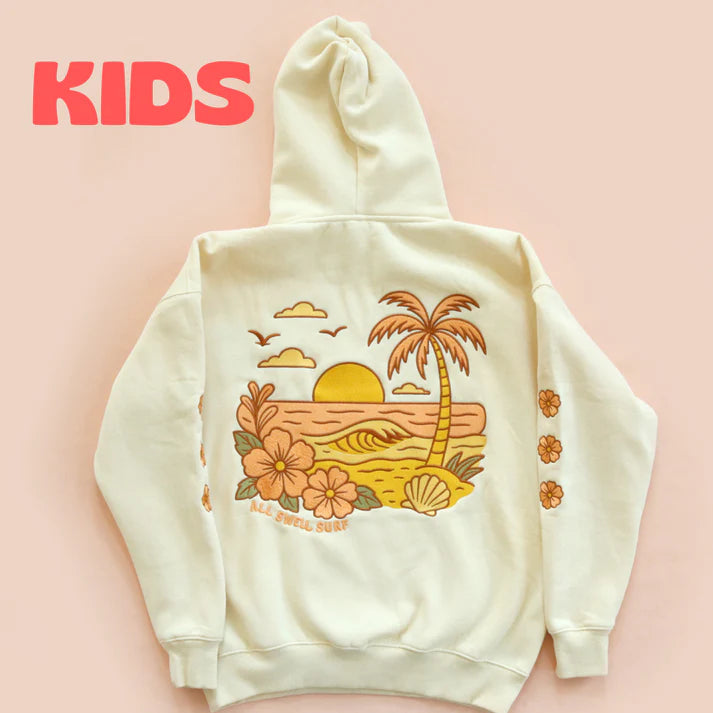 Beige hoodie with a tropical design on a pink background, labeled 'KIDS'.