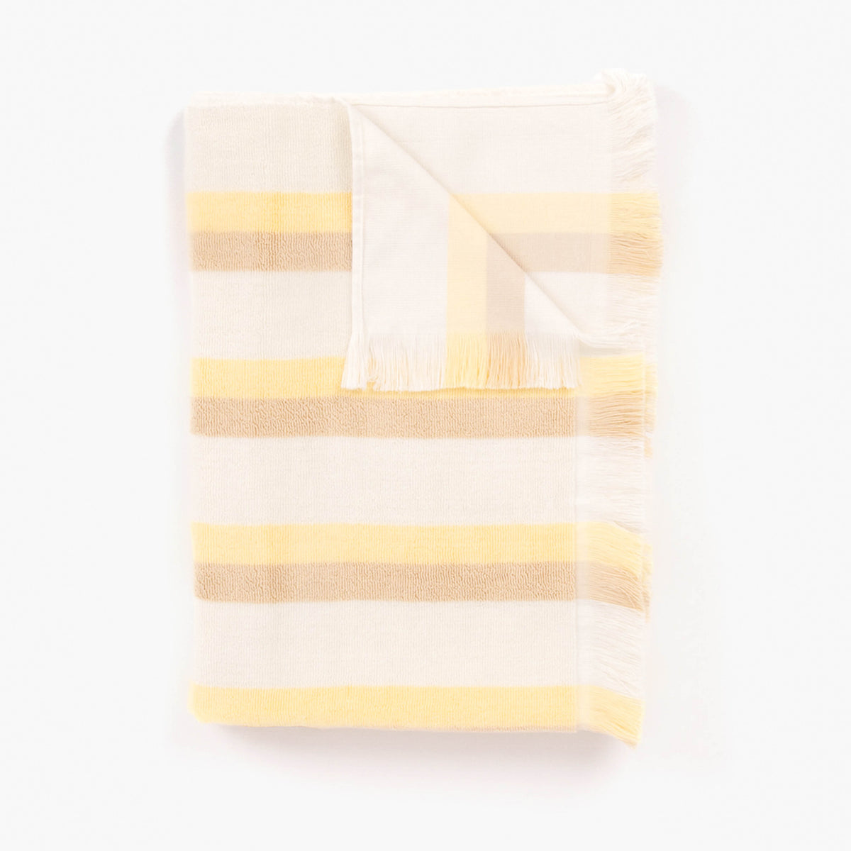 Striped towel with yellow and white stripes on a white background