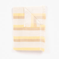 Striped towel with yellow and white stripes on a white background