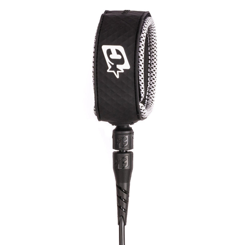 A Creatures of Leisure Reliance Lite Leash, featuring a black strap with blue patterned detailing and a blue tip.