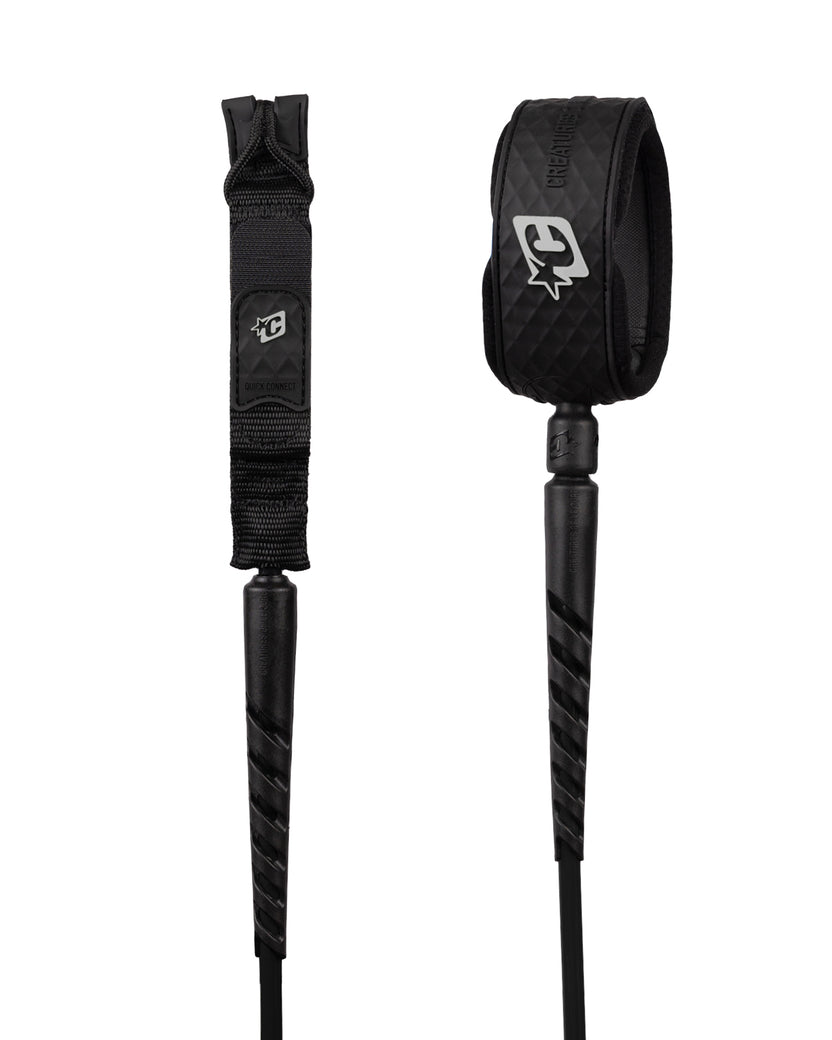 Black surfboard leash with a padded ankle cuff and textured handle, shown from two angles on a white background.