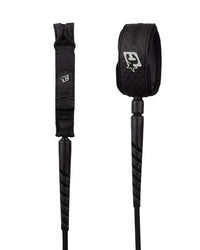 Black surfboard leash with a padded ankle cuff and textured handle, shown from two angles on a white background.