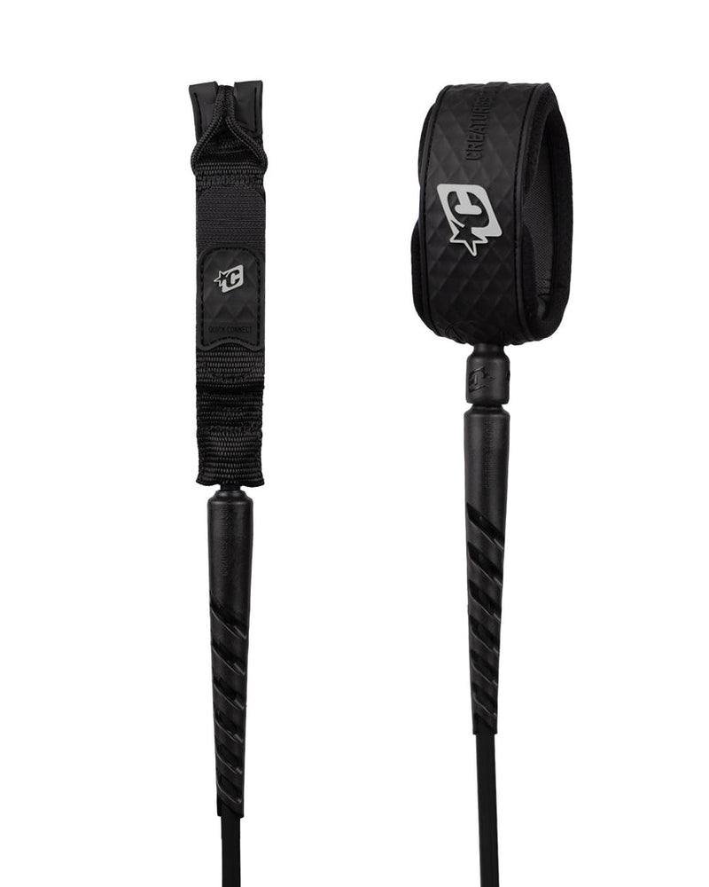 Black surfboard leash with a padded ankle cuff and textured handle, shown from two angles on a white background.