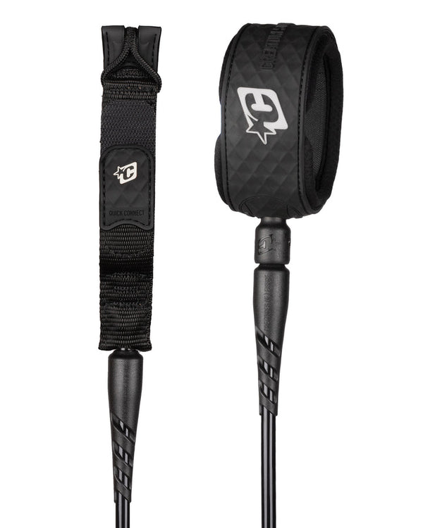 Black surfboard leash with brand logo on a white background