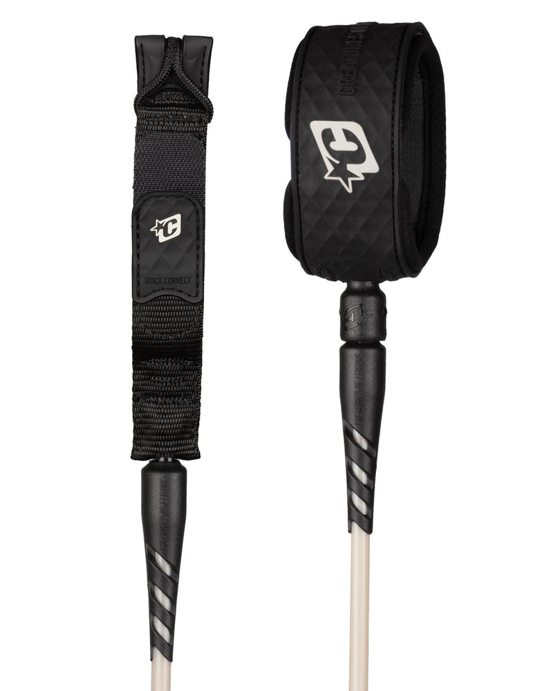 Black surfboard leash with brand logo on a white background
