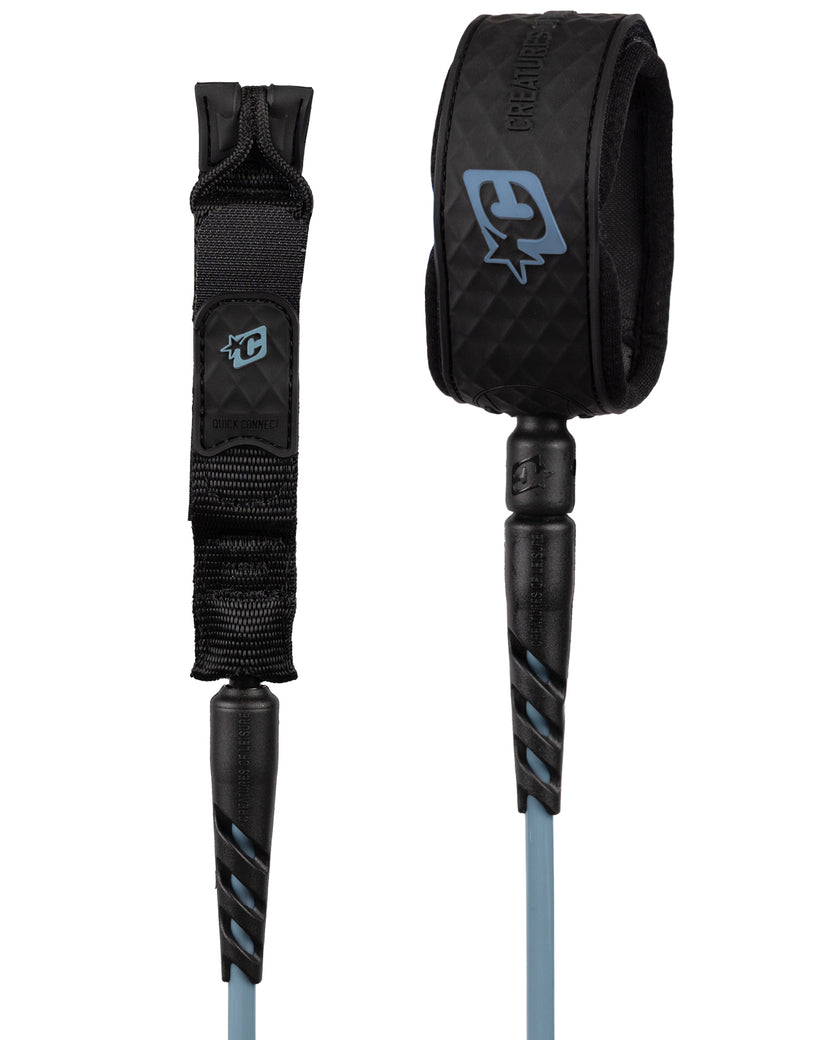Black surf leash with blue accents on a white background