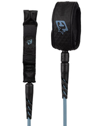 Black surf leash with blue accents on a white background