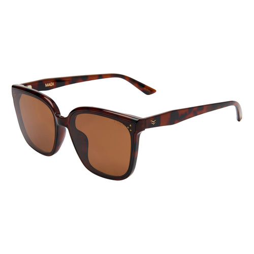 Sunglasses with tortoiseshell frame and brown lenses on a white background