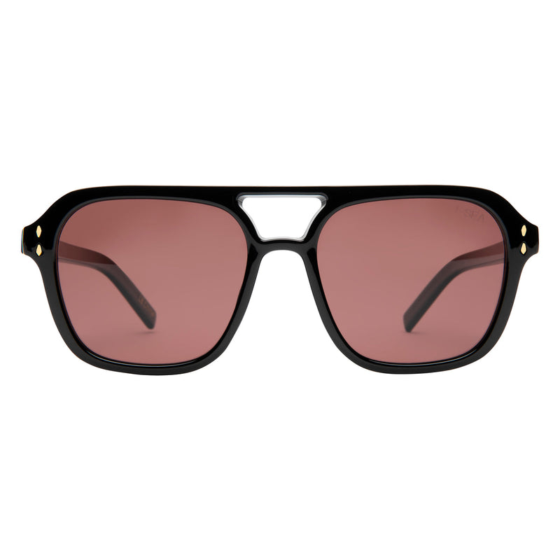 Black sunglasses with pink lenses on a white background