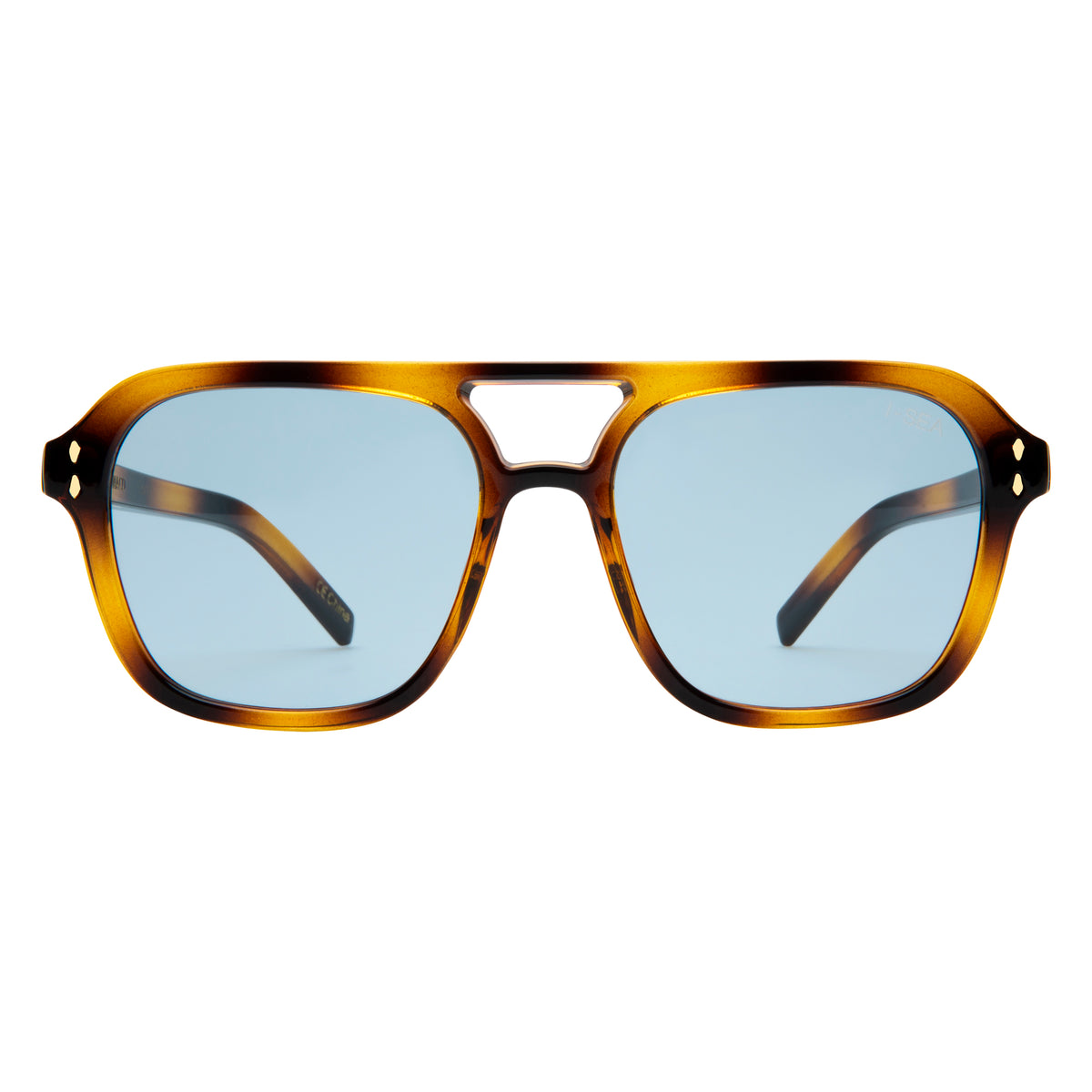 Tort sunglasses with gold accents on a white background