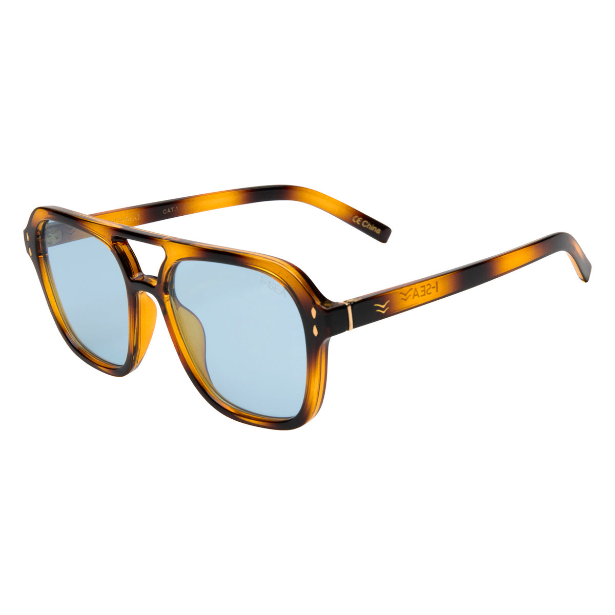 Tort sunglasses with gold accents on a white background