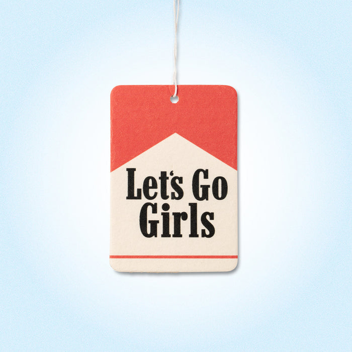 Air freshener with 'Let's Go Girls' text on a light blue background