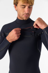 Man wearing a black wetsuit against a white background