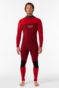 Person wearing a red wetsuit on a white background