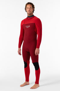 Man wearing a red wetsuit on a white background