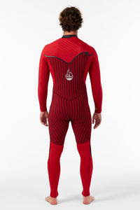 Person wearing a red wetsuit with a visible brand logo on a white background