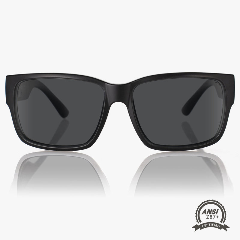 Black sunglasses with reflective surface on a white background