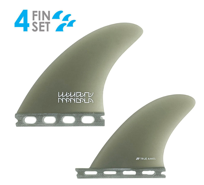 Two surfboard fins with '4 FIN SET' branding on a white background
