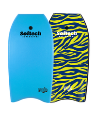 Two Softech bodyboards, one blue and one with a blue and yellow zebra pattern, on a white background.
