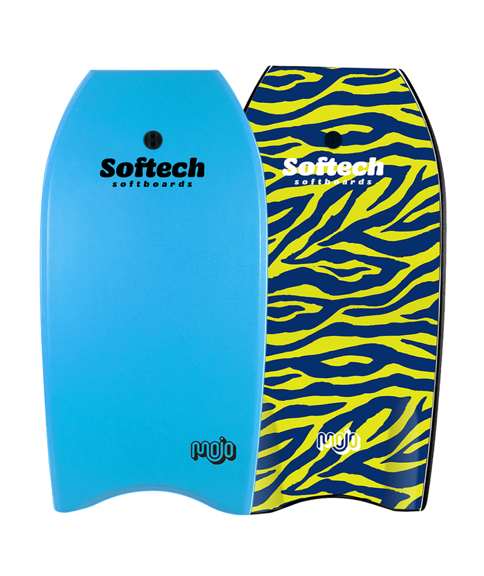 Two Softech bodyboards, one blue and one with a blue and yellow zebra pattern, on a white background.