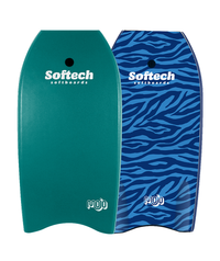 Two Softech bodyboards, one green and one blue with zebra pattern, on a white background.
