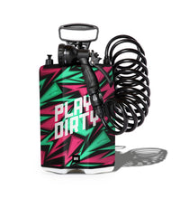 Spray bottle with colorful geometric pattern and 'Play Dirty' text on a white background